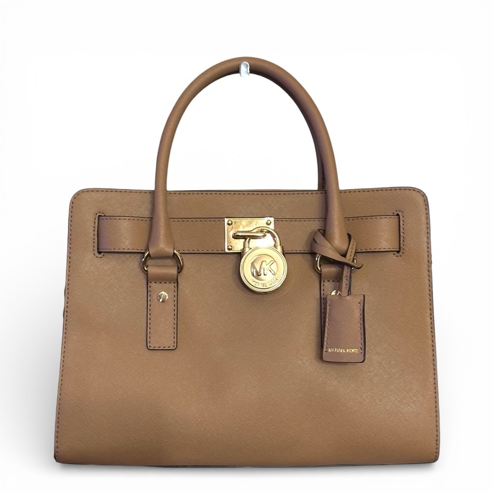 Y2K Michael Kors Hamilton Studded Brown Gold Lock Logo Satchel Top Handle Bag